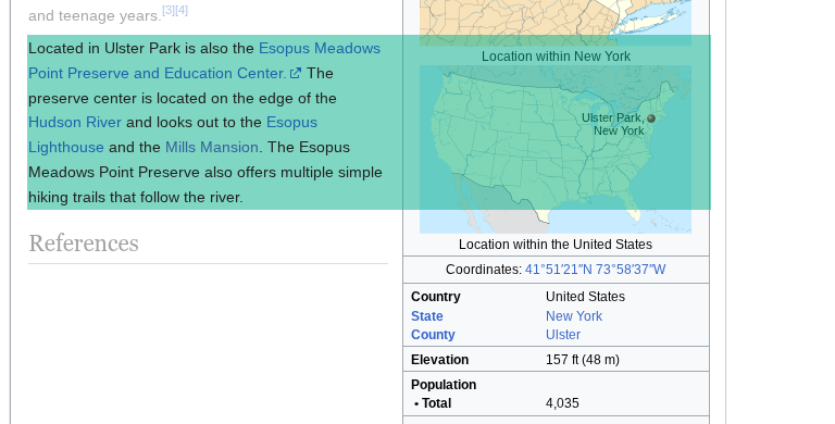 Image of Paragraph I added to Ulster Park's Wikipedia Page. Sidebar of Wikipedia Page included section I added for the population.